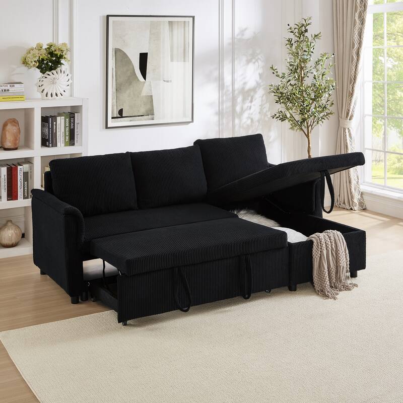 Corduroy L-Shape Sofa Convertible Sofa with Pull Out Sleep Bed