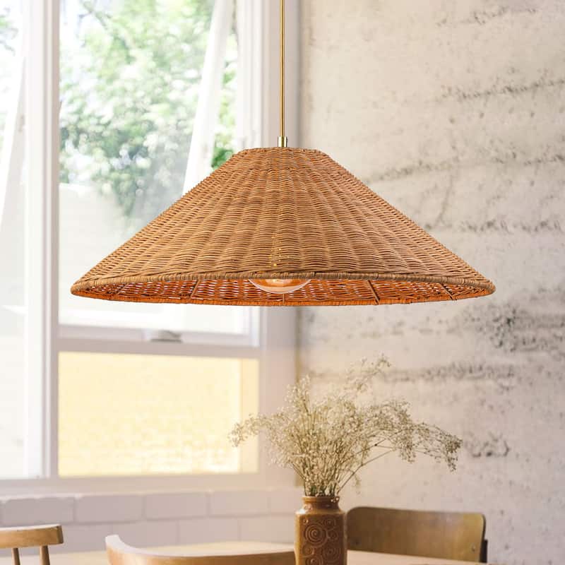 1-Light Farmhouse Straw Hat Hand Woven Chandelier with Natural Rattan Shade - Gold