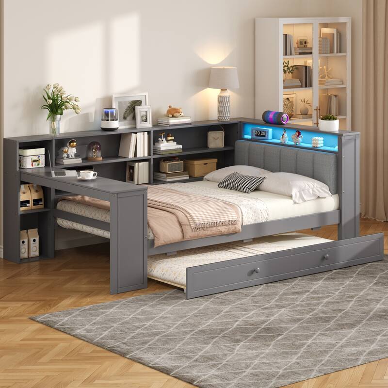Roomfitters Twin/Full Platform Bed with Trundle, LED Headboard, Charging Station and Storage