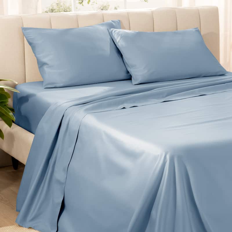 Bare Home Organic Cotton Sheet Set - Silky Smooth Sateen Weave - Twin - Dusty Blue