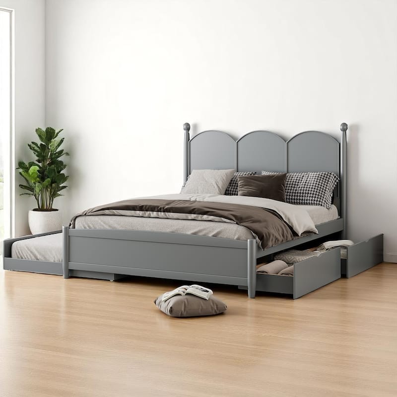 Rustic Queen Bed with Drawers and Pull-Out Twin XL Trundle, Solid Pine Platform Bed with Storage