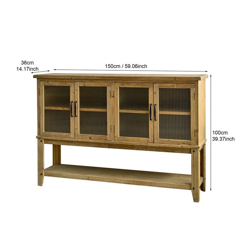 59.06 Inch Rustic Wooden Sideboard Cabinet with Glass Doors, Storage Shelf Accent Console for Kitchen and Dining Room