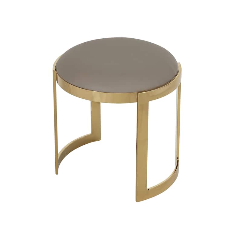 Niyo 19 Inch Ottoman Stool, Round Sand Faux Leather, Stainless Steel, Gold