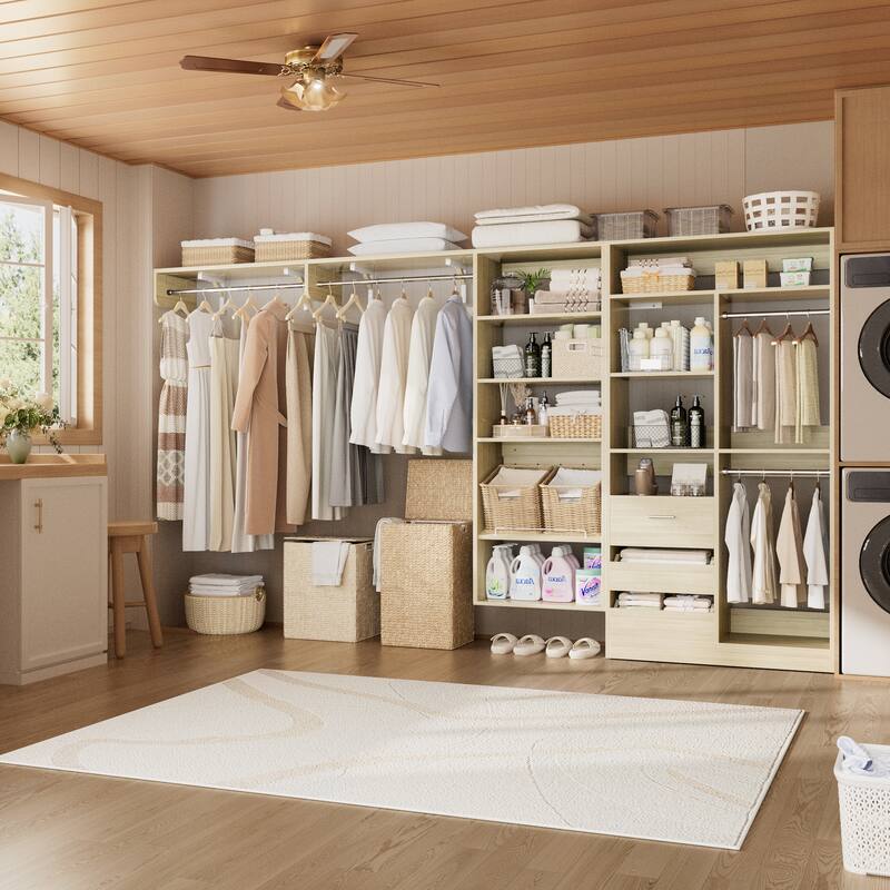 Qvella 59"-132" Closet System with Adjustable Shelves and Drawers,Multi-Functional Combination Wardrobe System Closet Organizer - Short Rod - White Oak