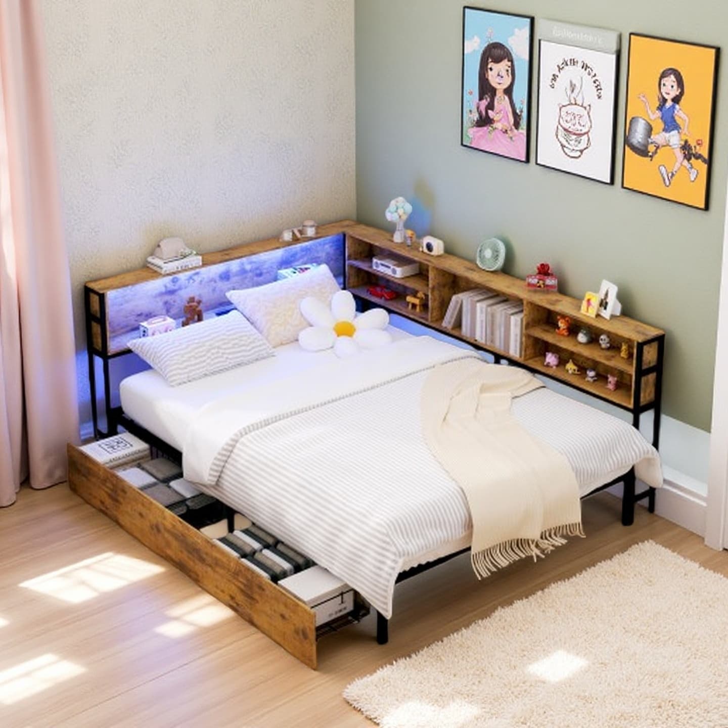 Full Corner Daybed with Storage Drawers, Bookcase Headboard, LED Lighting and Built-In USB Charging Station