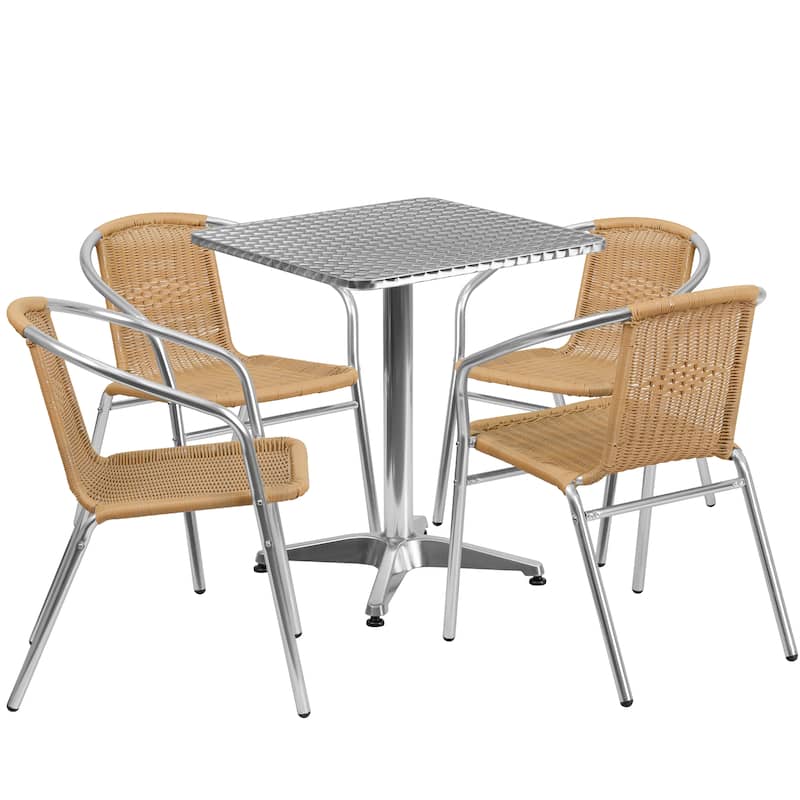 23.5'' Square Aluminum Indoor-Outdoor Table Set with 4 Rattan Chairs