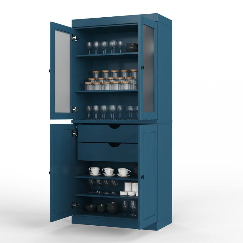 Palace Imports 100% Solid Wood Pantry Cabinet with Frosted Glass Doors, Solid Doors, 2-Drawers and Adjustable Shelves