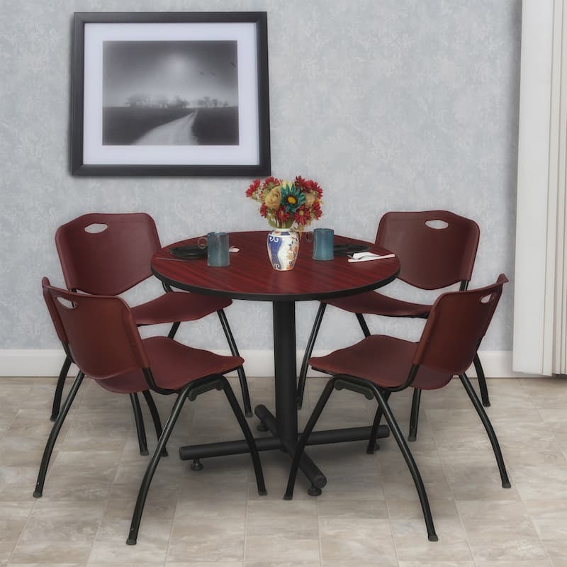 30" Round Breakroom Table- Mahogany & 4 'M' Stack Chairs- Burgundy - 30