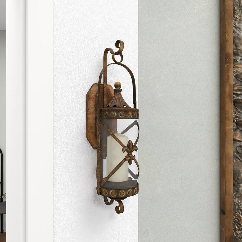 Bronze Metal Suspended Studded Fleur De Lis Wall Sconce with Scroll Details - 7 x 6 x 20