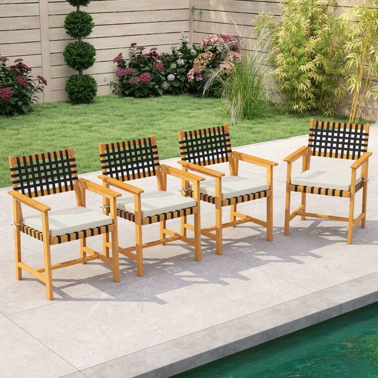 Natural-Off White Acacia Wood Outdoor Dining Chairs Set of 2 with Cushions - 23” x 22.5” x 34” (L x W x H)