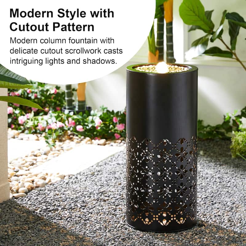Glitzhome 23.5"H Metal Modern Cutout Pattern Outdoor Fountain with Lights & Shadows