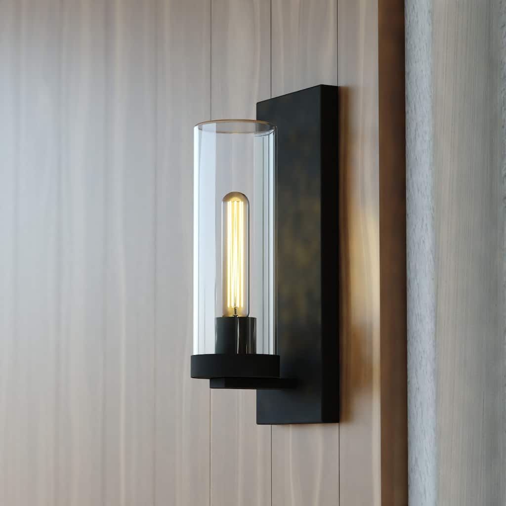 VAXCEL Grantley 12.5 in. H 1-Light Matte Black Transitional Outdoor Wall Sconce, Steel, Clear Glass Shade, LED Compatible