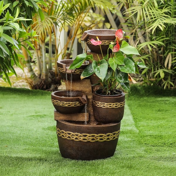 slide 1 of 9, Brown Resin Tiered Bowls Outdoor Fountain