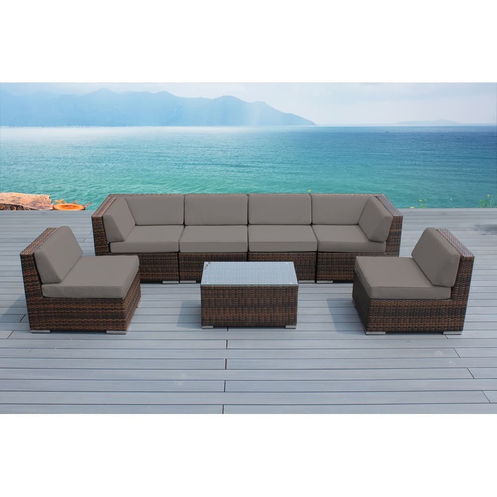 Ohana Outdoor Patio 7 Piece Mixed Brown Wicker Sectional with Cushions - No Assembly
