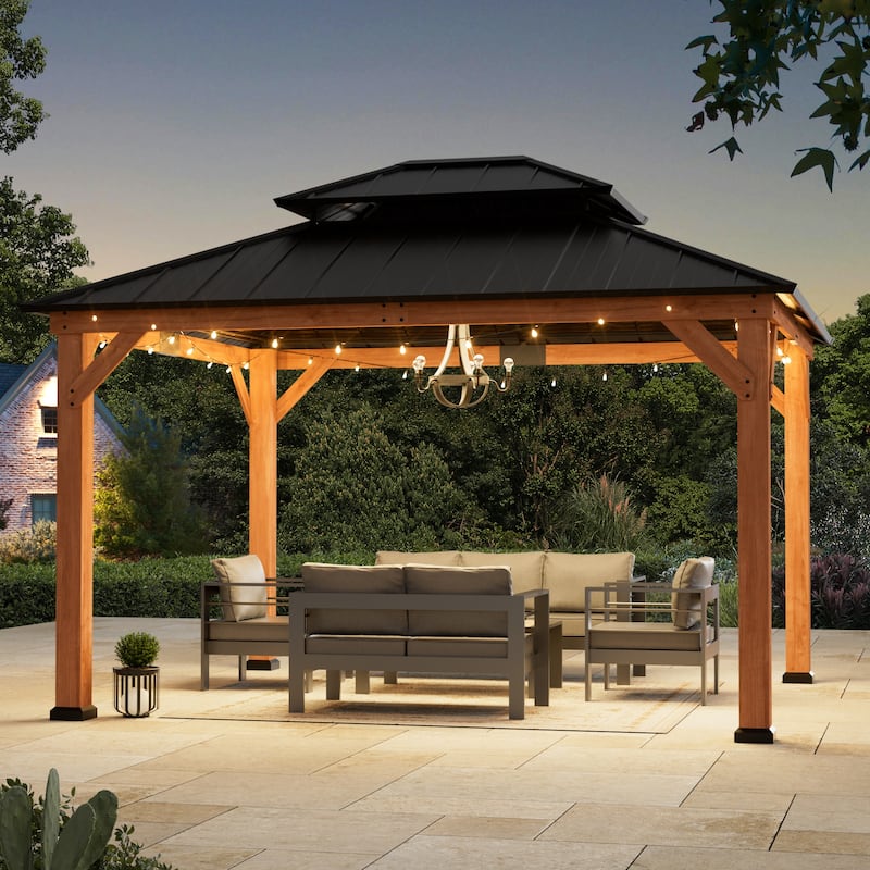 Wood Gazebo 10' x 12', Grill Gazebo with Galvanized Steel Roof, Permanent with Sturdy Hooks for Garden, Backyard