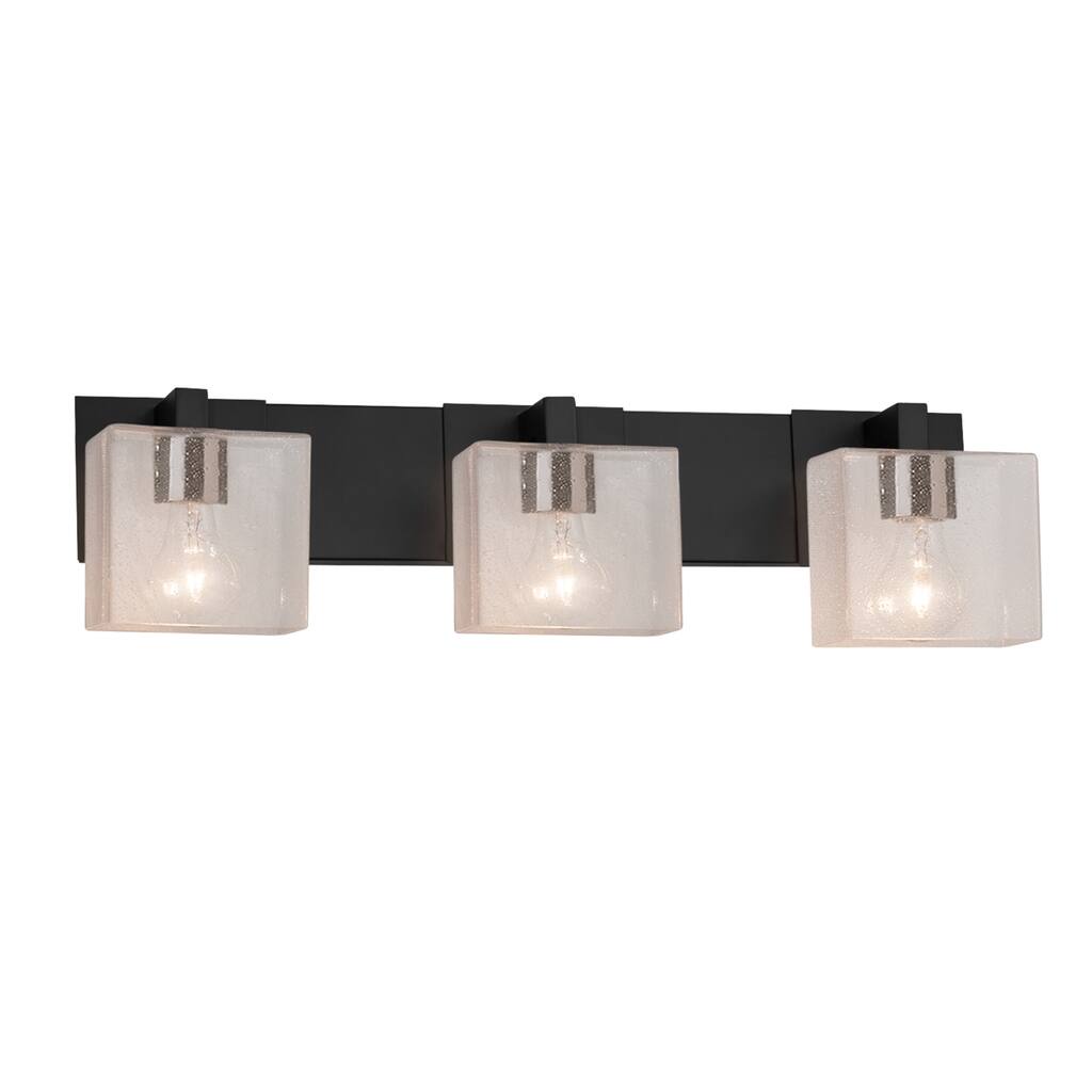 Justice Design Fusion Modular 3-light Matte Black Bath Bar, Seeded Rectangle Shade
