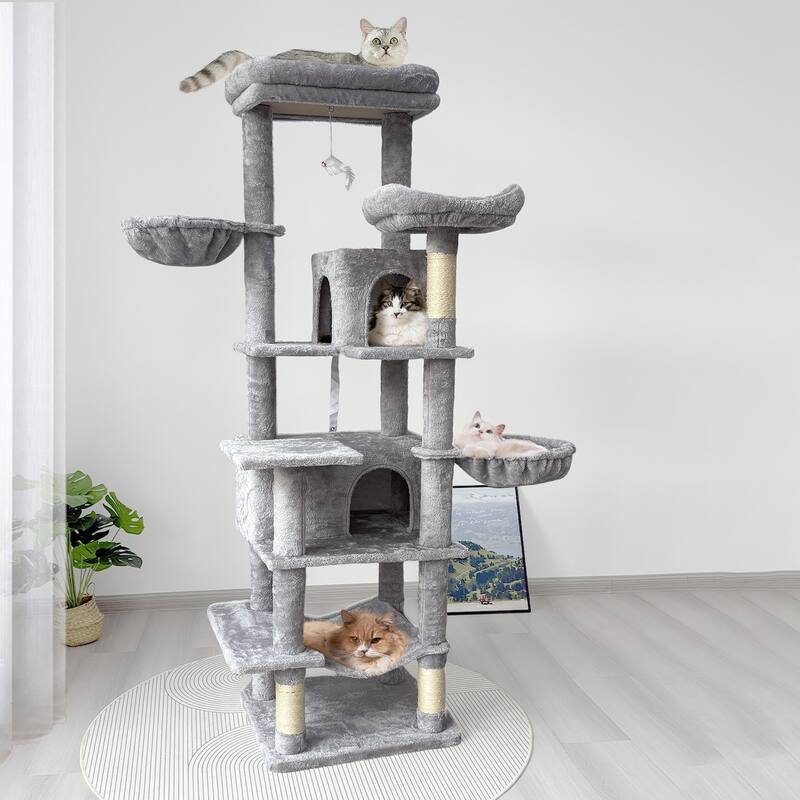 68 in Tall Multi-Level Green Cat Tree with Hammocks, Hanging Basket, Cat Cave, Removeable Cushion, Scratching Posts - Light Gray