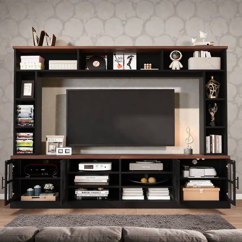 95.5" Wall Unit Entertainment Center TV Stand with Bookshelves, Storage Cabinets and Glass Doors for 80 Inch TV