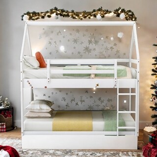 Low Bunk Design Twin over Twin Low Bunk Bed, House Bed with Ladder