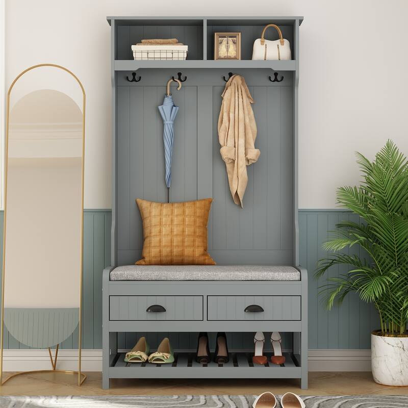 68.5"H Hall Tree with Bench and Shoe Storage White/Black/Grey