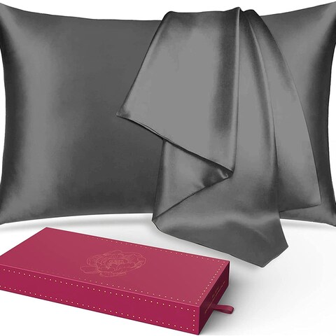 2pcs Double-Sided Design Silk Pillowcase with Hidden Zipper Deep Grey