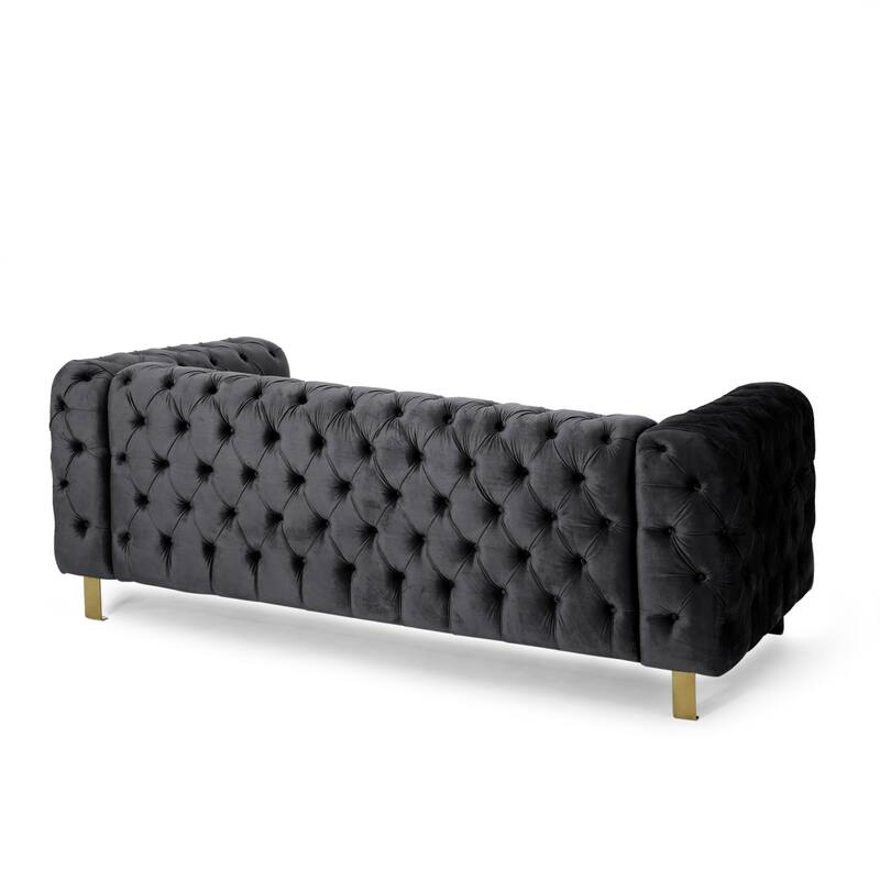 3-seat Black Velvet Sofa with Tufted Back and Arm, Modern for Living Room