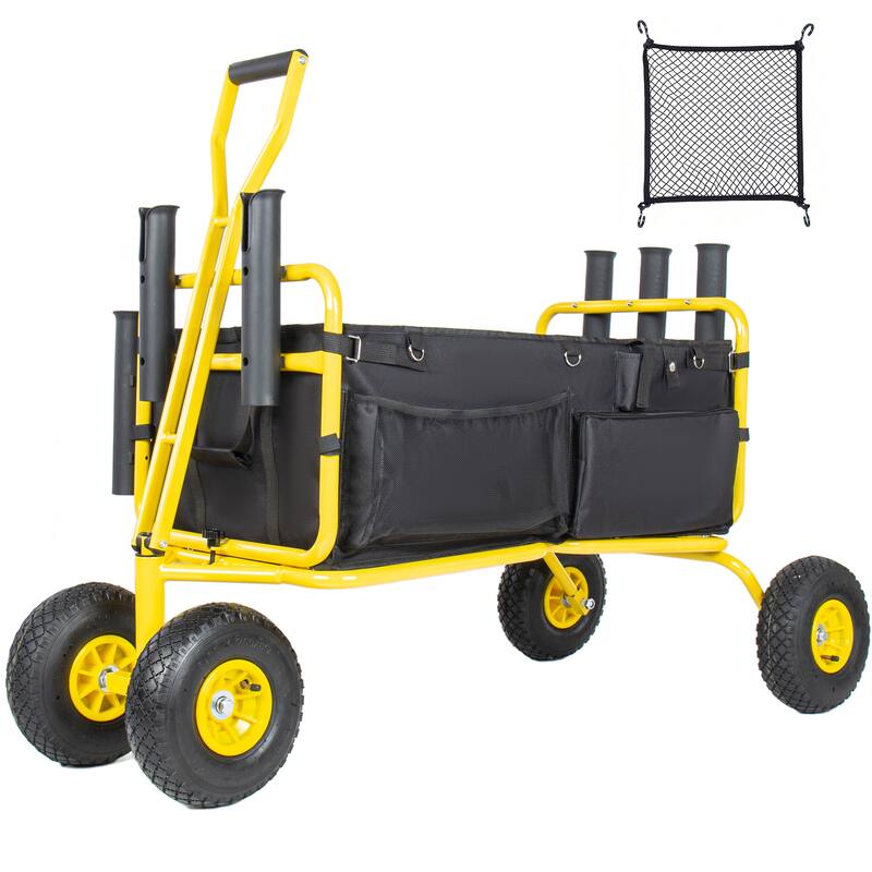 Beach Cart Collapsible Wagon 9.85"All-Terrain Wheels,Heavy Duty Garden Cart with Rod Holders,Umbrella Holder and Storage Pockets - Yellow