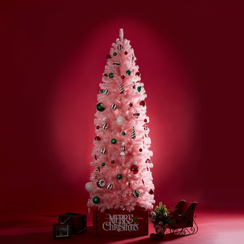 Glitzhome 7.5ft/9ft Shimmering Tinsel Pink Slim Pencil Fir Artificial Christmas Trees