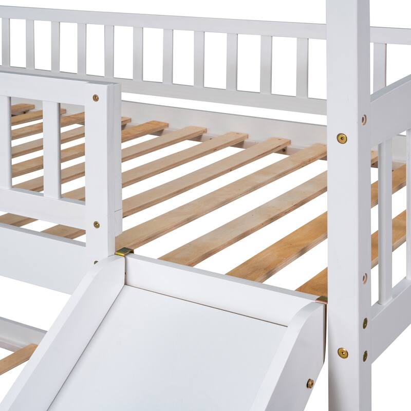 Twin Over Twin Bunk Bed with Slide, House Bed, White