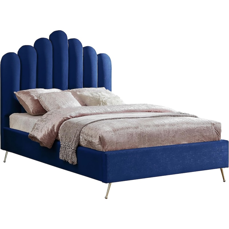 50 in.H Blue Wood Frame Full Size Panel Bed with Velvet Upholstery Material and Bed Frame Mounted