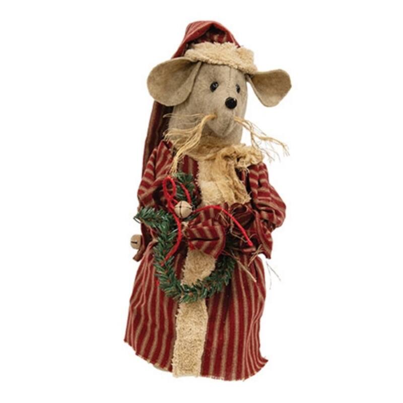 Red Taupe Felt Fabric Marlene Santa Jammies Stuffed Mouse with Holiday Wreath and Bells - 4.25 x 4.25 x 12.50 in - Red-Taupe