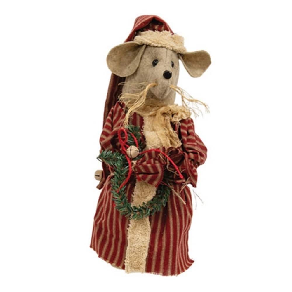 Red Taupe Felt Fabric Marlene Santa Jammies Stuffed Mouse with Holiday Wreath and Bells - 4.25 x 4.25 x 12.50 in