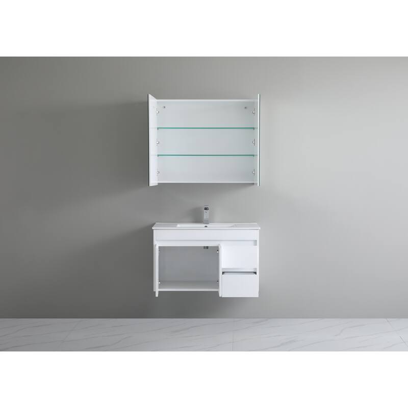 CB HOME 24"/30"/36"/48"/60" Pure White Bathroom Vanity, Floating Wall Mounted Cabinet w/ Integral Ceramic Sink Basin Countertop