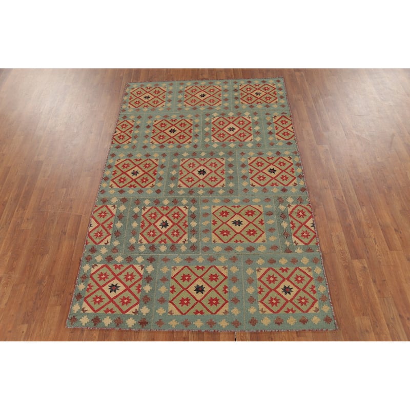 All-Over Geometric Kilim Indian Area Rug Handmade Wool Carpet - 4'11"x 7'8"
