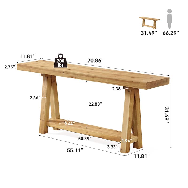 70.87-Inch Solid Wood Console Table with Shelves for Entryway