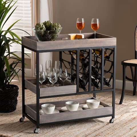 Laine Modern & Industrial Charcoal Finished Wood Black Metal Wine Cart