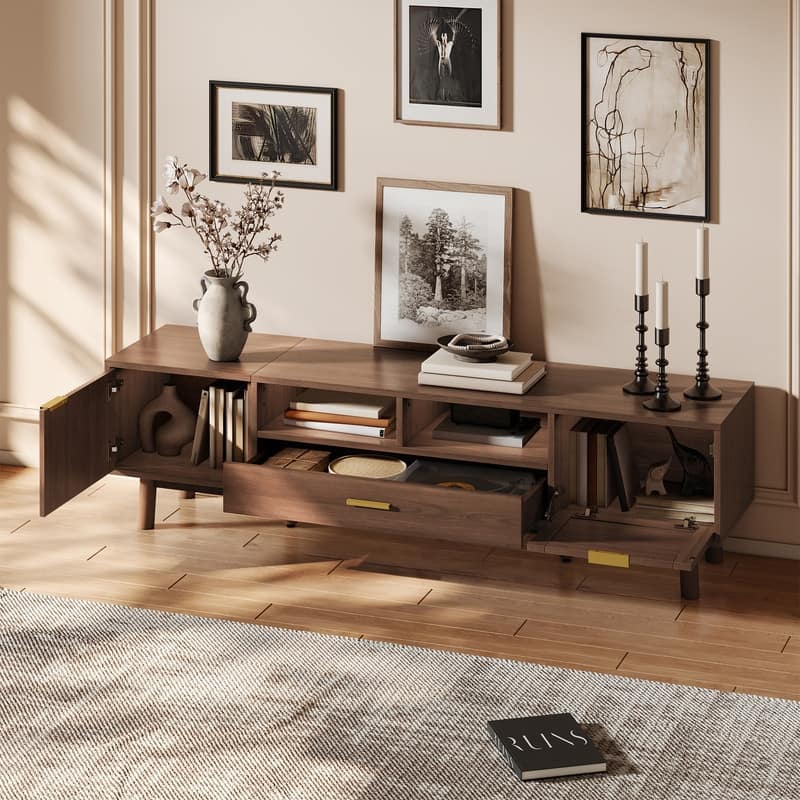 Wood Fashionable TV Stand for 75" TVs, TV Cabinet with Soft-Closing Door and Drop-Down Door Cabinet,Dark Brown