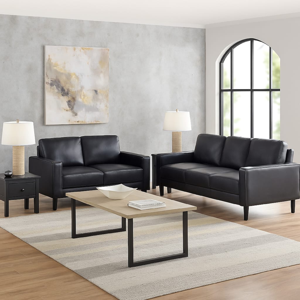 Rumi 2pc Sofa and Loveseat Set, Modern Track Arms, Black Faux Leather