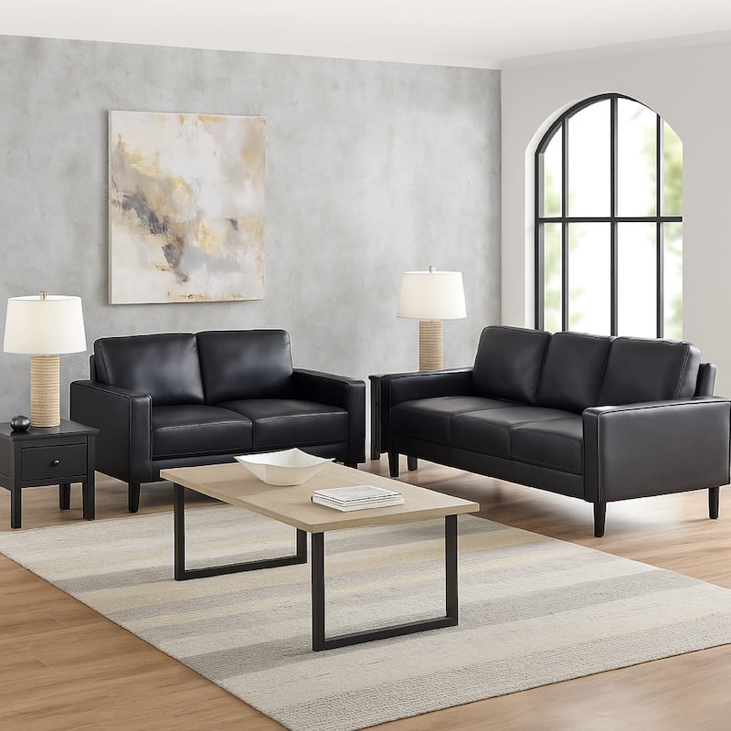 Rumi 2pc Sofa and Loveseat Set, Modern Track Arms, Black Faux Leather