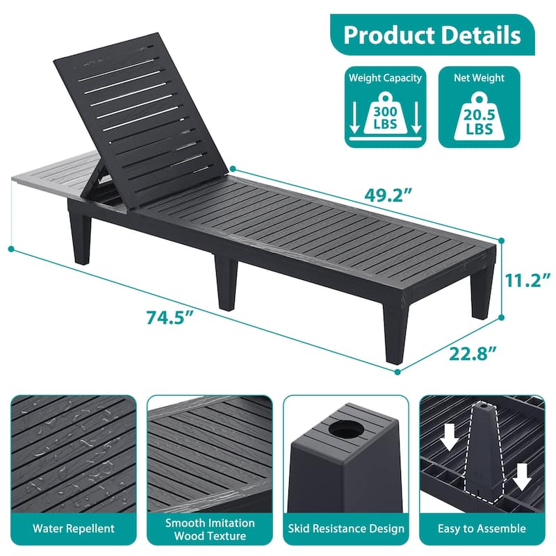 Outdoor Chaise Lounge Chair for Poolside Patio, Water-Resistant Tanning Chair Recliner with Adjustable Backrest