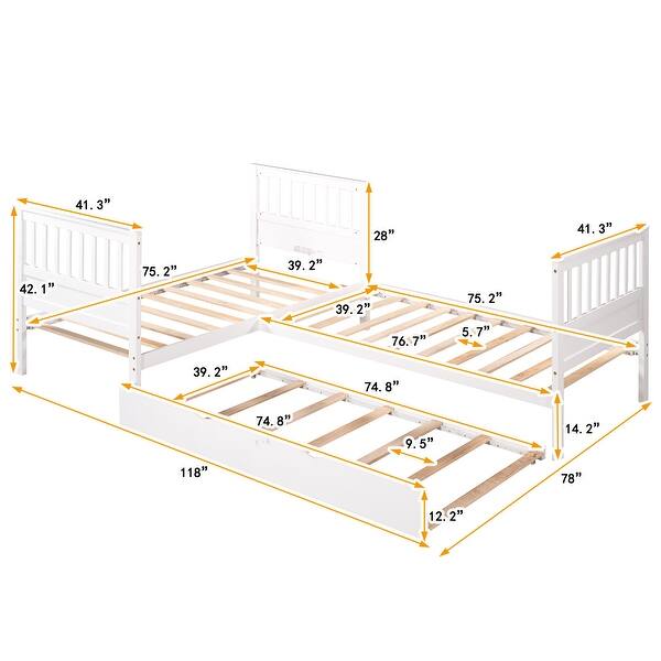 Solid Construction 3 Beds in 1 Twin Size L-Shaped Platform Bed with Trundle.