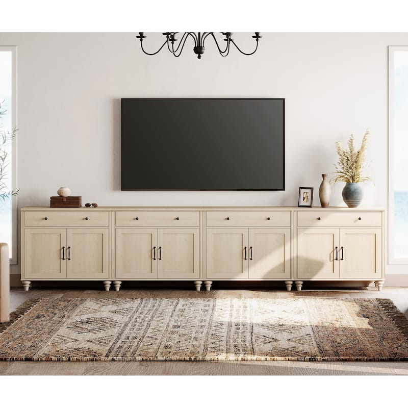 Farmhouse TV Stand for 75 inch TV, TV Console with Storage - 136Inch - Beige