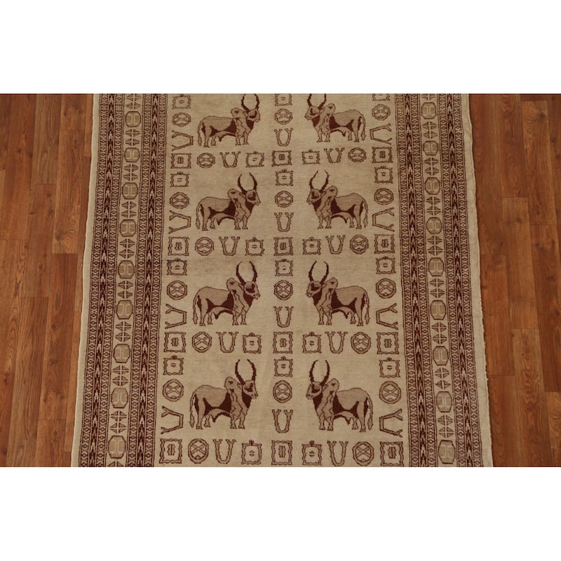 Hand Knotted Oriental 100% Wool Carpet Traditional Animal Pictorial Beige & Ivories Bokhara Area Rug - 6' 3'' X 4' 2''
