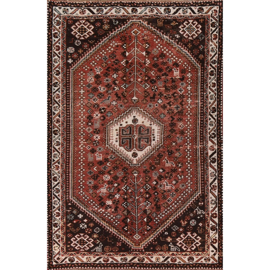 Animals Tribal Qashqai Persian Vintage Rug Hand-Knotted Wool Carpet - 6'4"x 9'1"