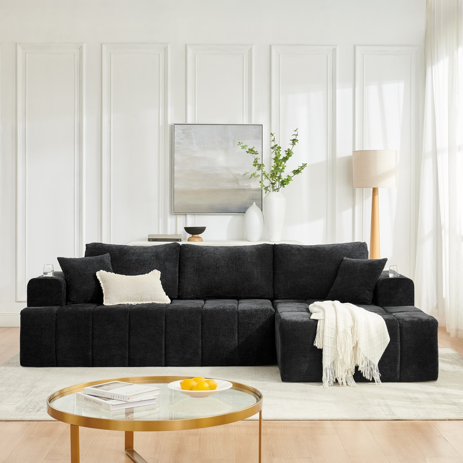 108.3" L-Shaped Chenille Boneless Sofa with Cup Holders and Side Pockets