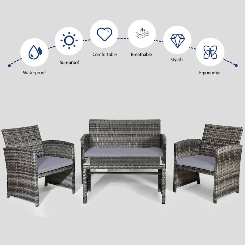 Gymax Set of 4 Rattan Furniture Set Conversation Glass Table Top