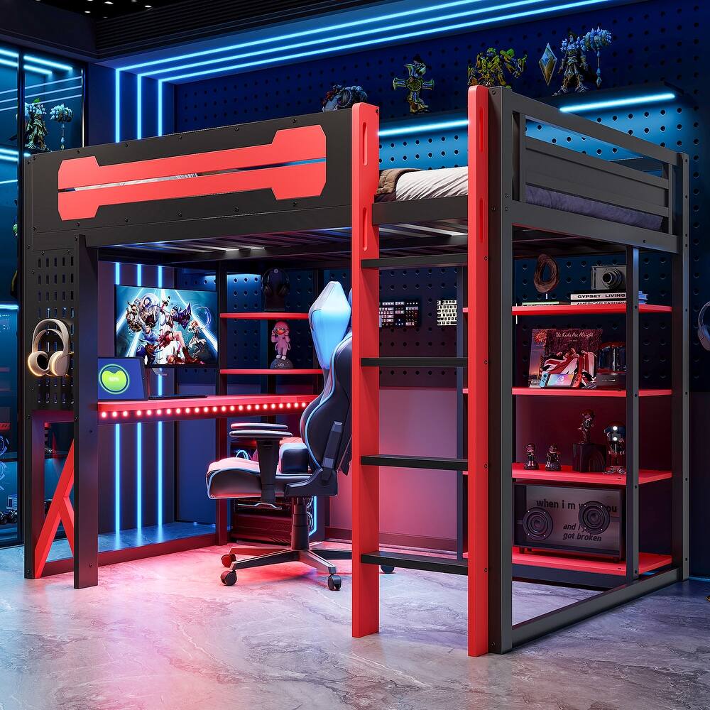 Full Size Wood Loft Bed with Integrated Desk & Shelves, Power Outlet with USB/Type-C Ports, RGB Lighting