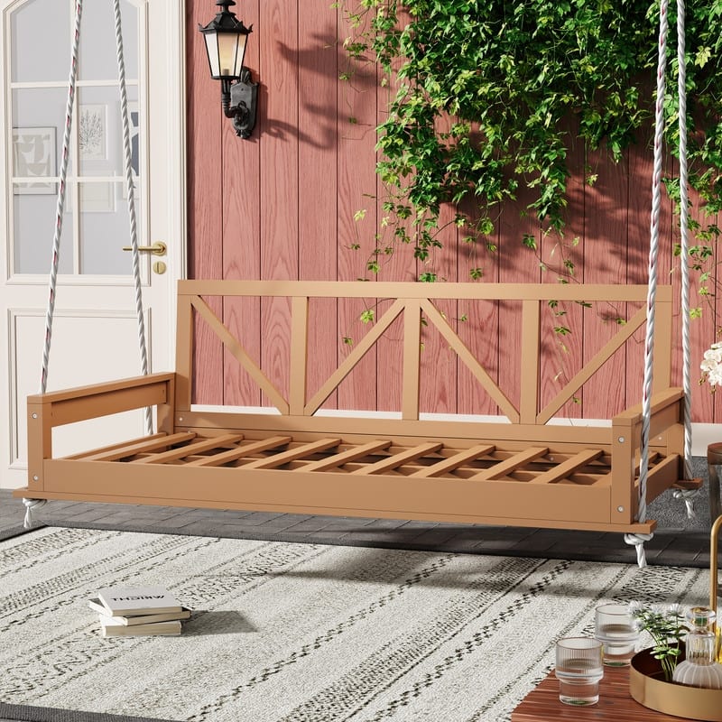 Acacia Wood Twin Size Patio Swing Bed with Hanging Frame - Natural