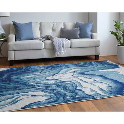 Watercolor Marble Blue/Ivory Modern Coastal Rug