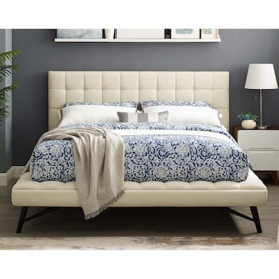 Monee Biscuit Tufted Ivory Fabric Upholstered Queen Size Platform Bed